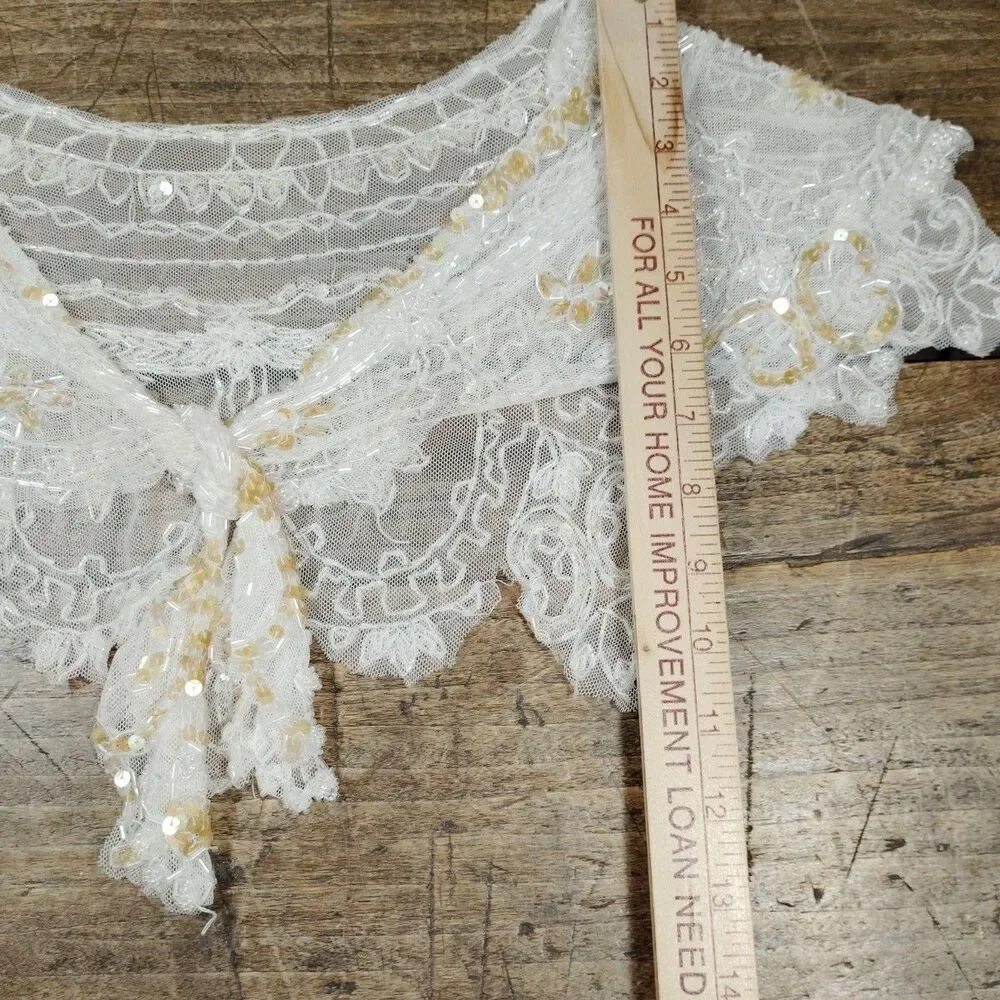 Vintage Victorian Lace Beaded Shawl Shrug Wrap Cream Old Hollywood Glamour Movie